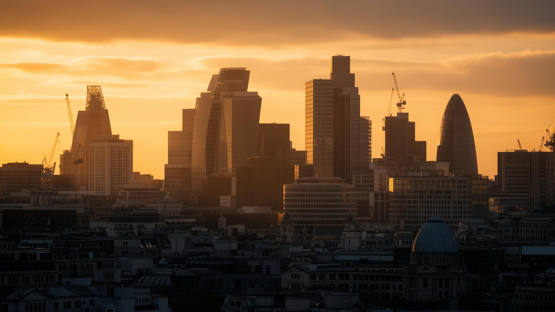 Golden evening light over the silhouetted skyscrapers of the City of London financial district, with construction cranes among office towers and rooftops in the foreground
